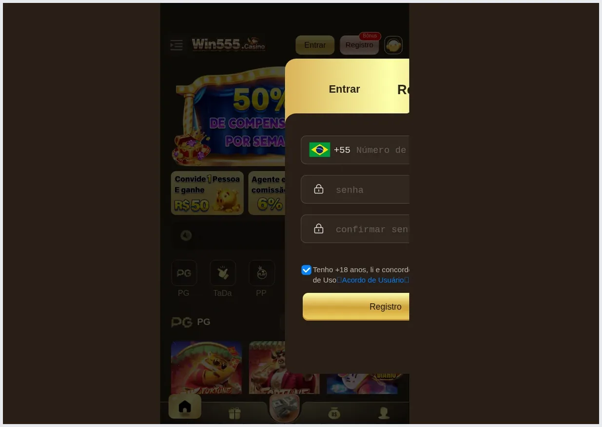 Modal de formulário de registro do Win555 Casino, botão "Registro" e campos de entrada, 21.10.2026