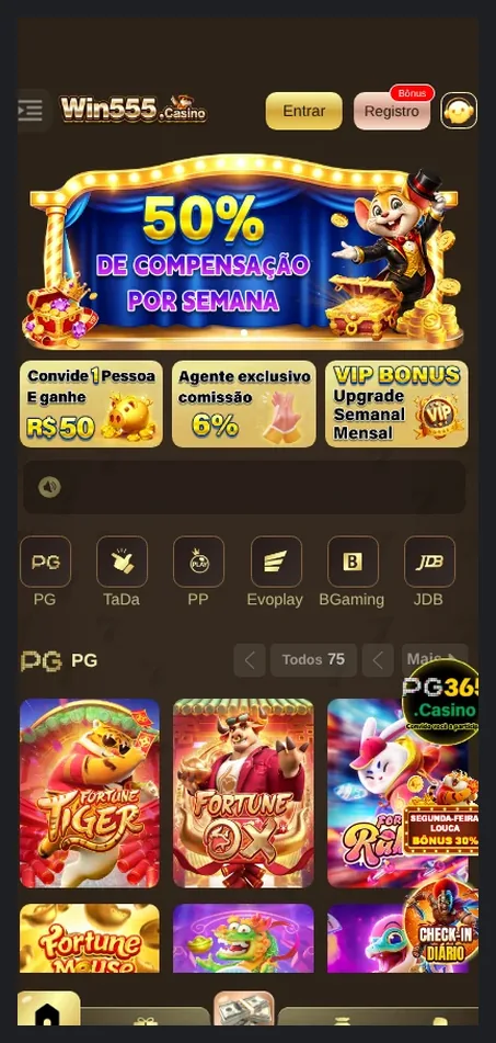 Página inicial e lobby móvel do Win555 Casino, Grade de jogos com banner promocional "50% DE COMPENSAÇÃO POR SEMANA", 21.10.2026
