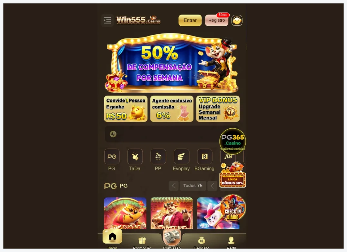 Página inicial do Win555 Casino Casino, banner promocional "50% DE COMPENSAÇÃO POR SEMANA" e grade de jogos do provedor PG, 21.10.2026